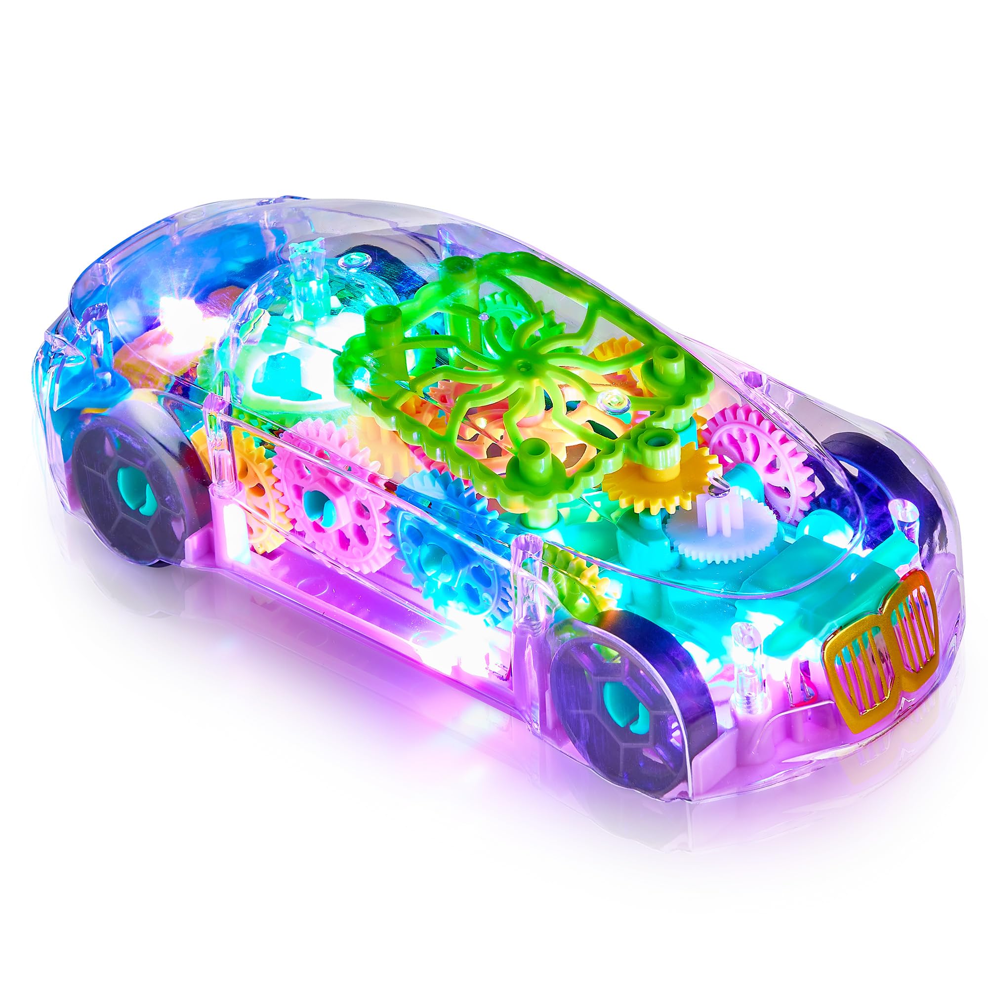 2 Pack Light Up Transparent Sensory Car Toy – Bump & Go with Colorful Moving Gears, Music, LED Effects