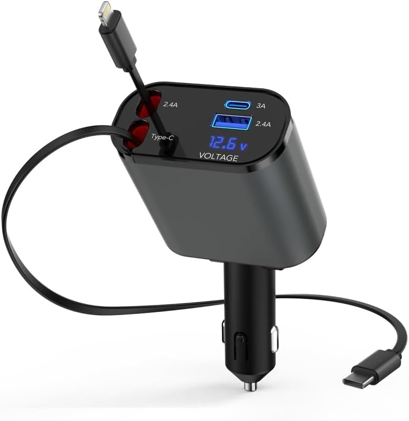 60W Retractable Car Charger – Fast USB Adapter for iPhone & Type-C