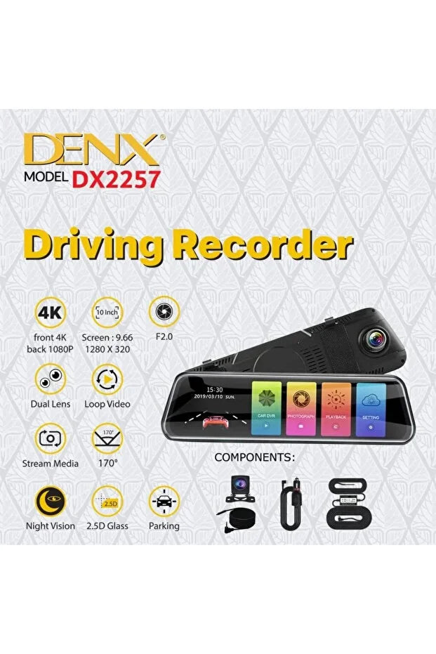 DENX DX2257 4K Dual Lens Driving Recorder – Front 4K + Rear 1080P | 10-Inch Touch Screen Dash Cam with Night Vision & Parking Mode | UAE