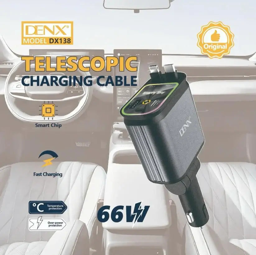 DENX 66W Fast Car Charger with Built-in Type-C & Lightning Cables | Dual USB Fast Charger with Digital Display | UAE Plug-and-Play Charger for All Cars