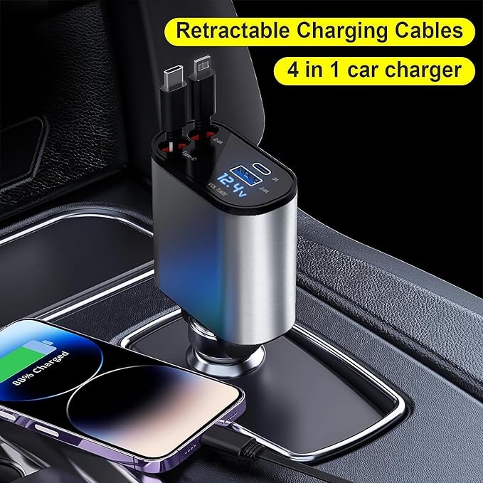 60W Retractable Car Charger – Fast USB Adapter for iPhone & Type-C