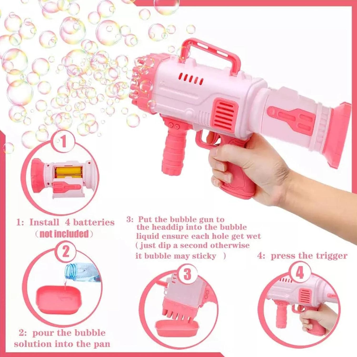 3 Pack 32 Holes Kids Bubble Gun – Rocket Soap Bubbles Machine, Automatic Blower for Kids