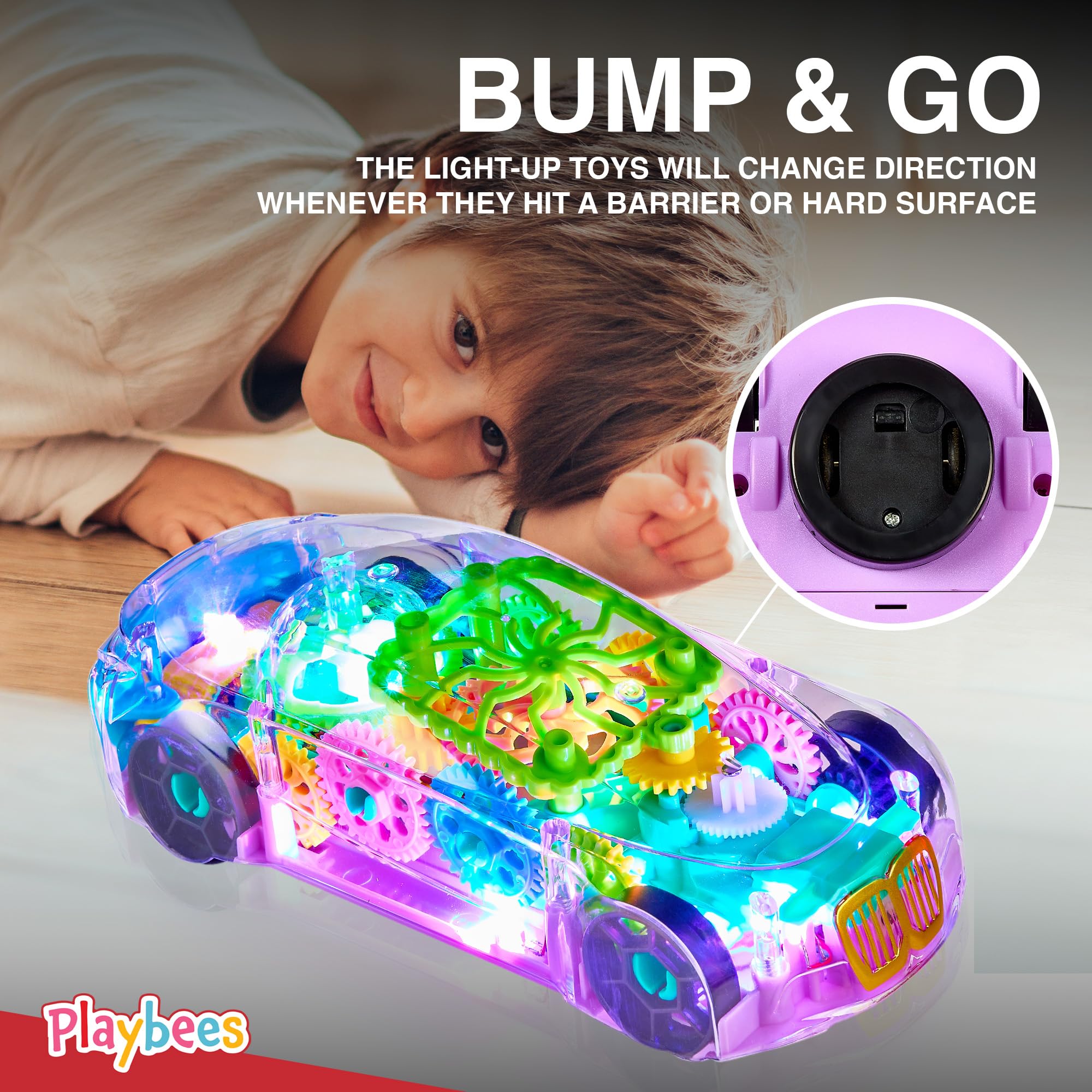 2 Pack Light Up Transparent Sensory Car Toy – Bump & Go with Colorful Moving Gears, Music, LED Effects