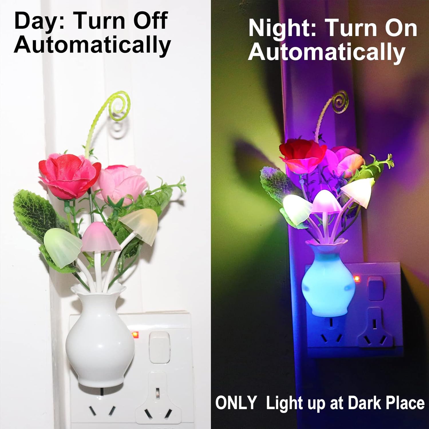 4-Pack Plug-in LED Night Light with Sensor – Rose Flower Design, Energy-Saving Mushroom Nightlight