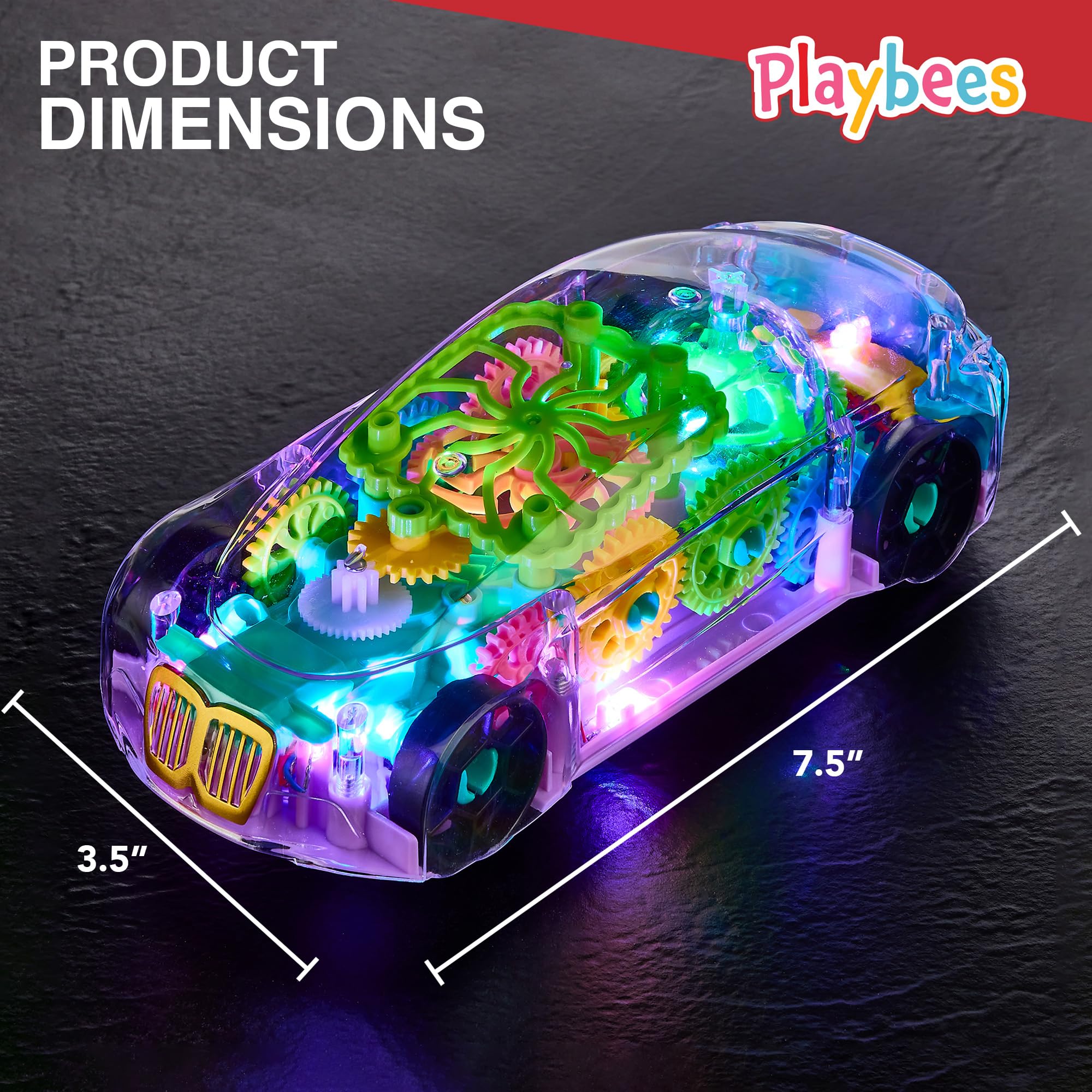 2 Pack Light Up Transparent Sensory Car Toy – Bump & Go with Colorful Moving Gears, Music, LED Effects