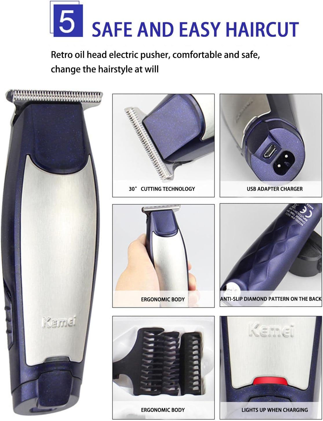 KEMEI Waterproof Cordless Hair Trimmer – Rechargeable Self-Cut Clippers for Men