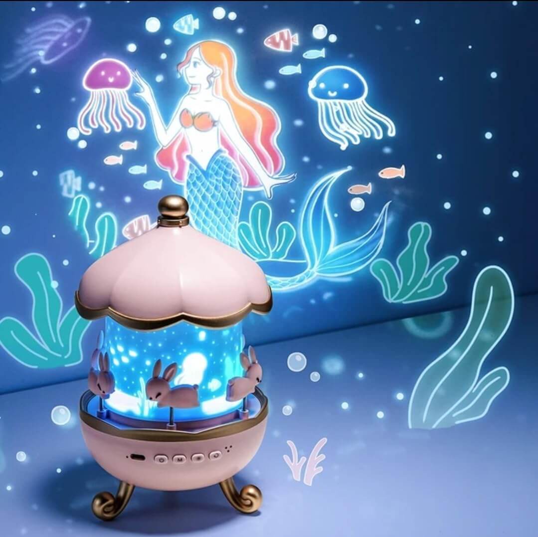 Adorable Bunny Carousel Rotating Night Light Projector – Rechargeable Kids Bedroom Decor