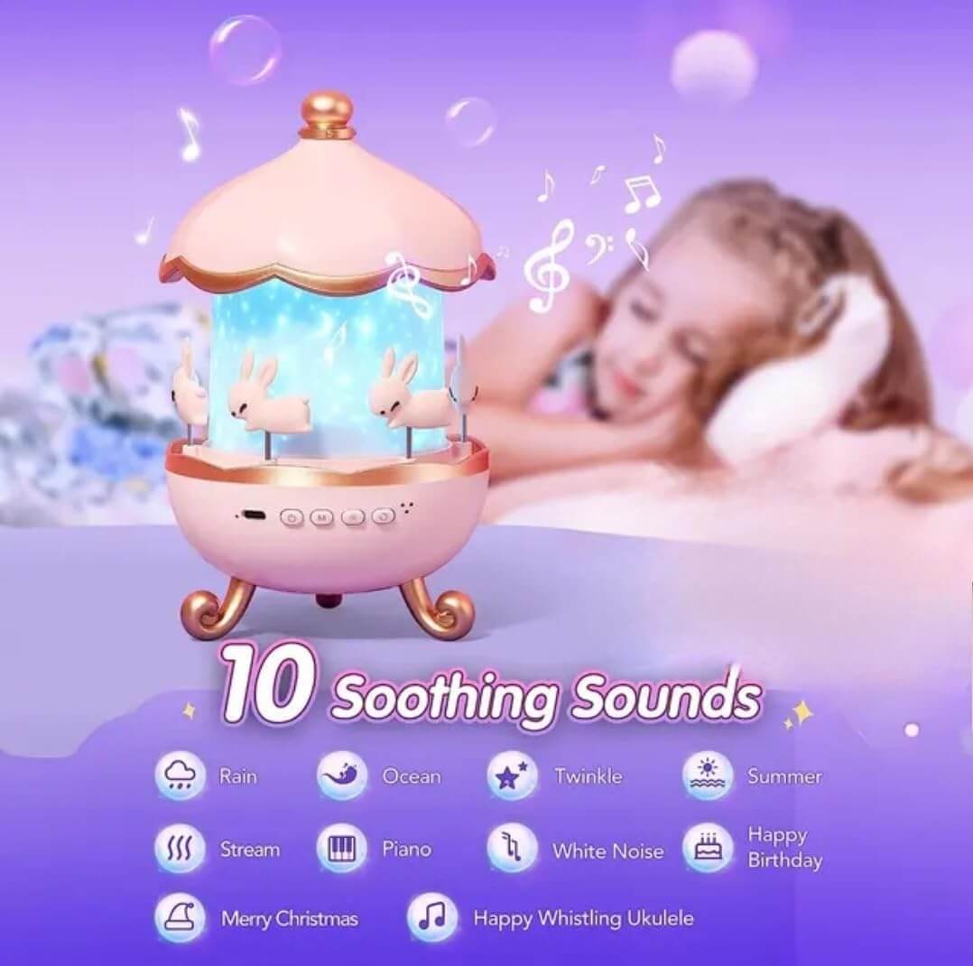 Adorable Bunny Carousel Rotating Night Light Projector – Rechargeable Kids Bedroom Decor