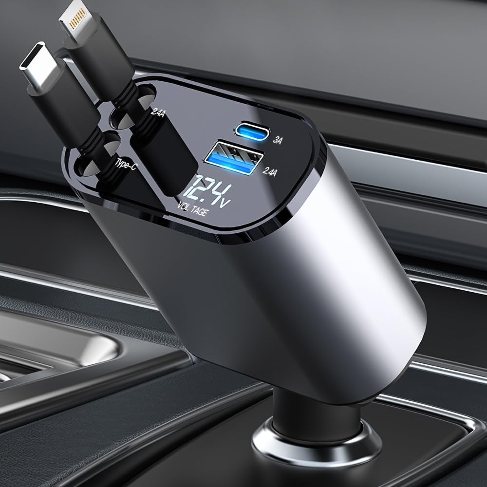 60W Retractable Car Charger – Fast Charging Power Adapter for iPhone 16/15/14/13/12/11 & Type-C