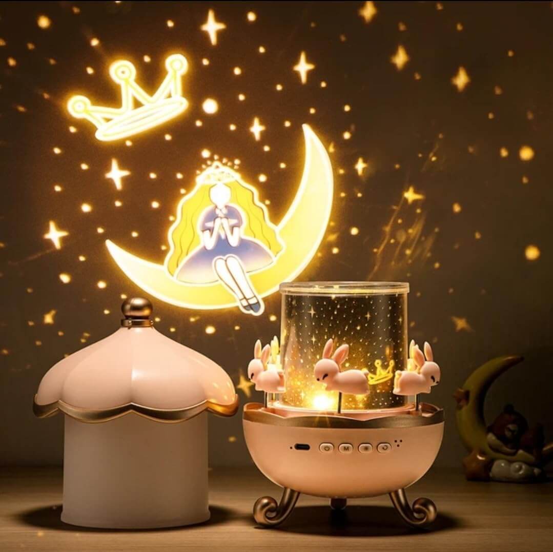 Adorable Bunny Carousel Rotating Night Light Projector – Rechargeable Kids Bedroom Decor