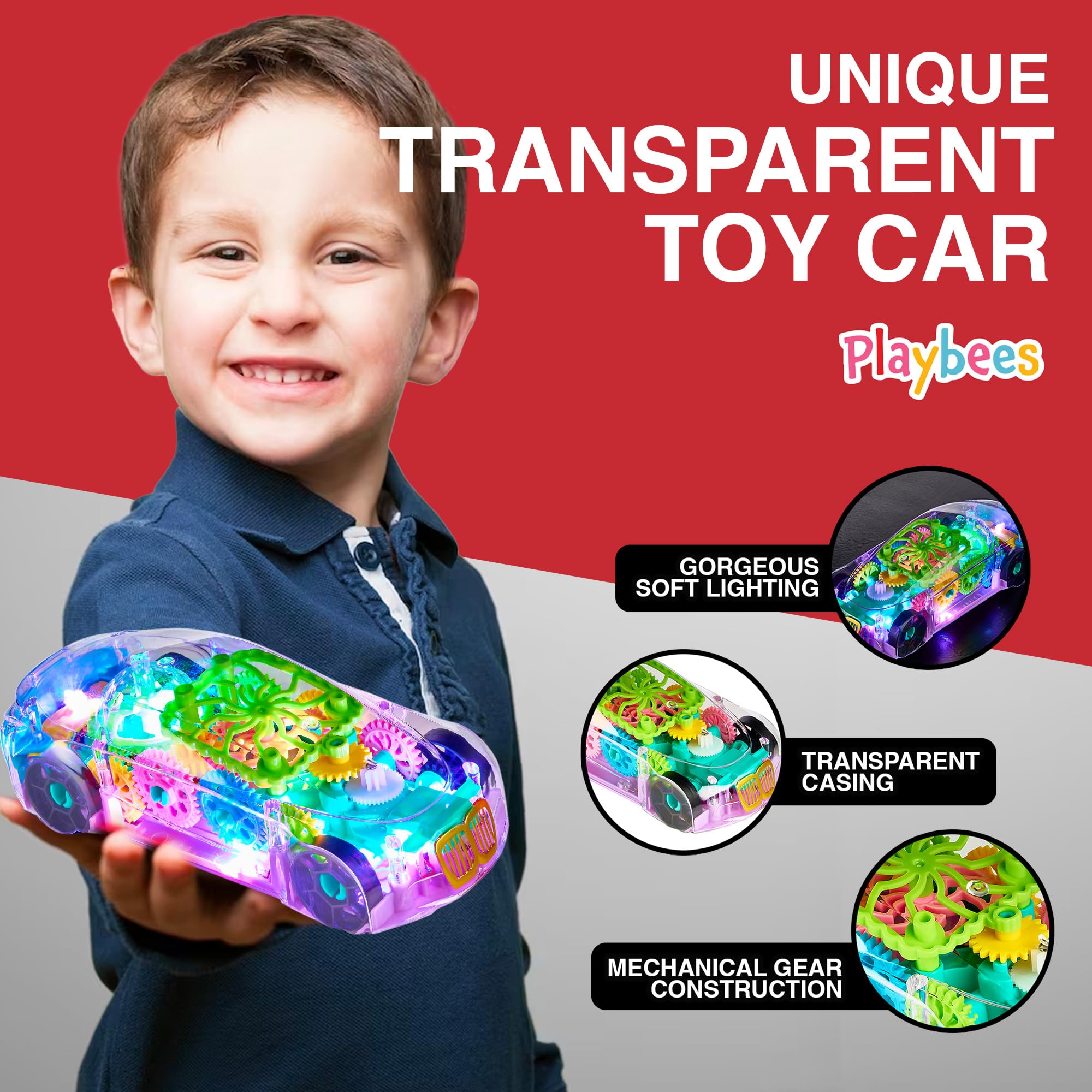 2 Pack Light Up Transparent Sensory Car Toy – Bump & Go with Colorful Moving Gears, Music, LED Effects