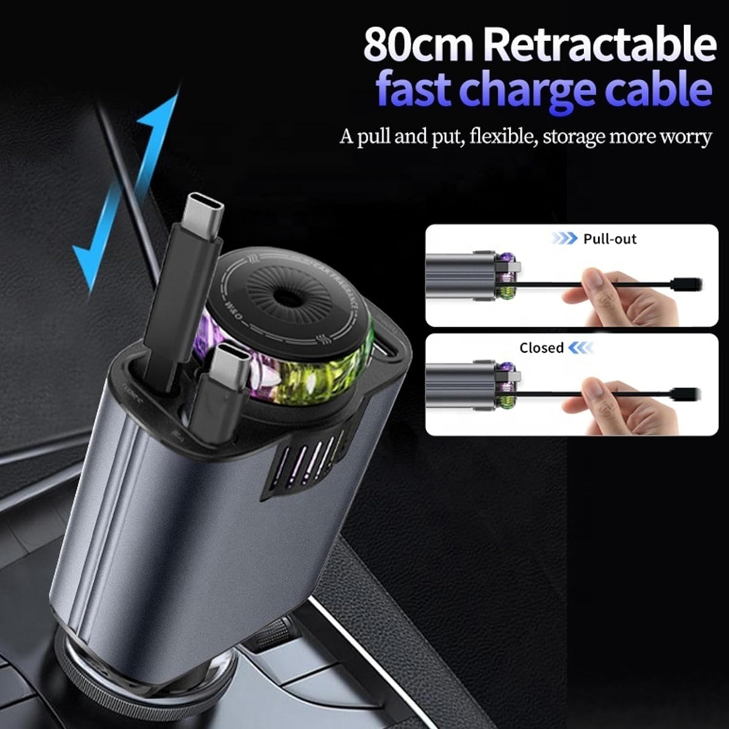5-in-1 Retractable Car Charger with Starlight & Built-in Air Freshener | Fast Charging & Aromatherapy for Cars UAE