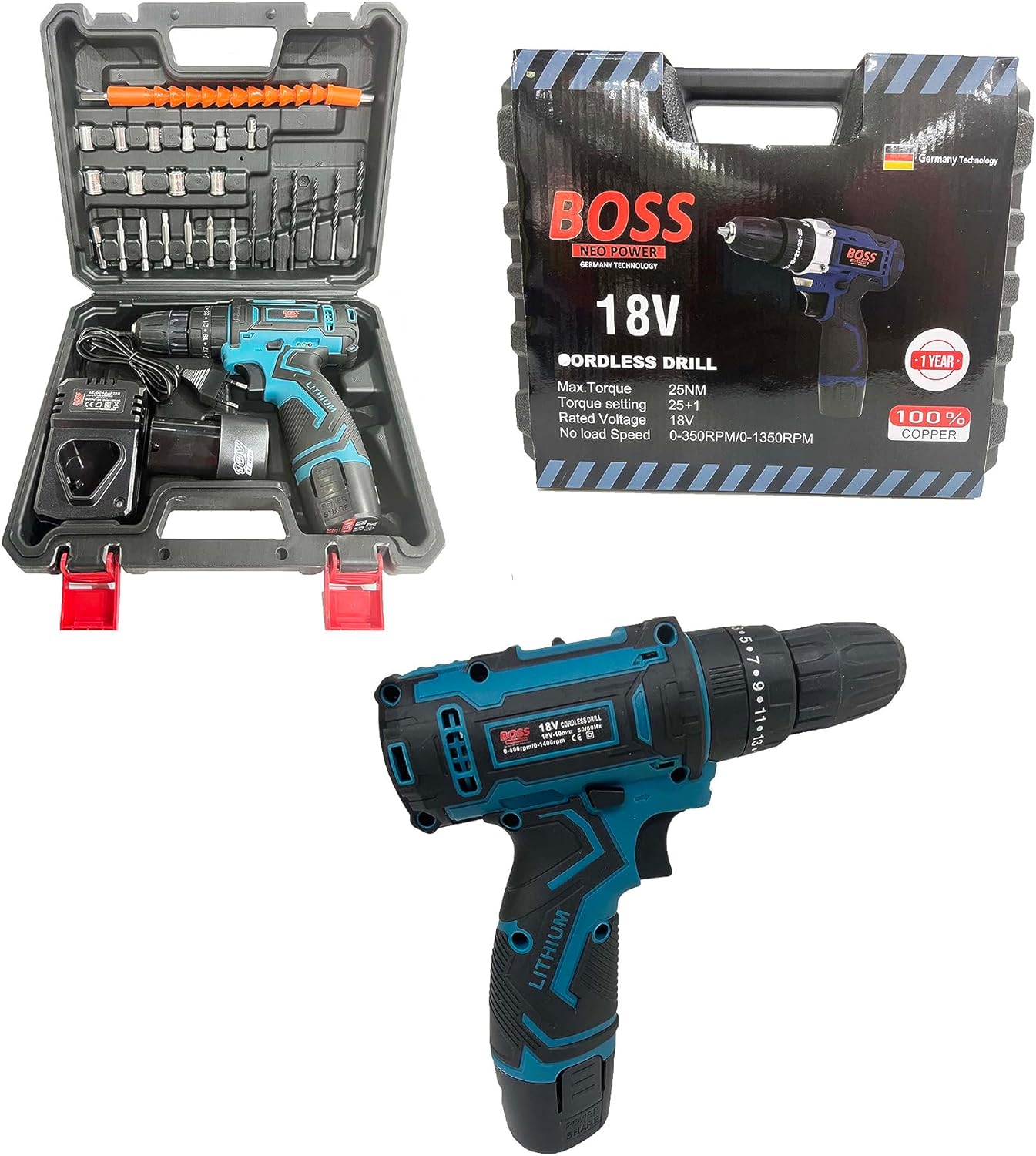 BOSS NEO POWER 18V Cordless Drill Machine – 2 Batteries, Complete Set (UAE Free Delivery)