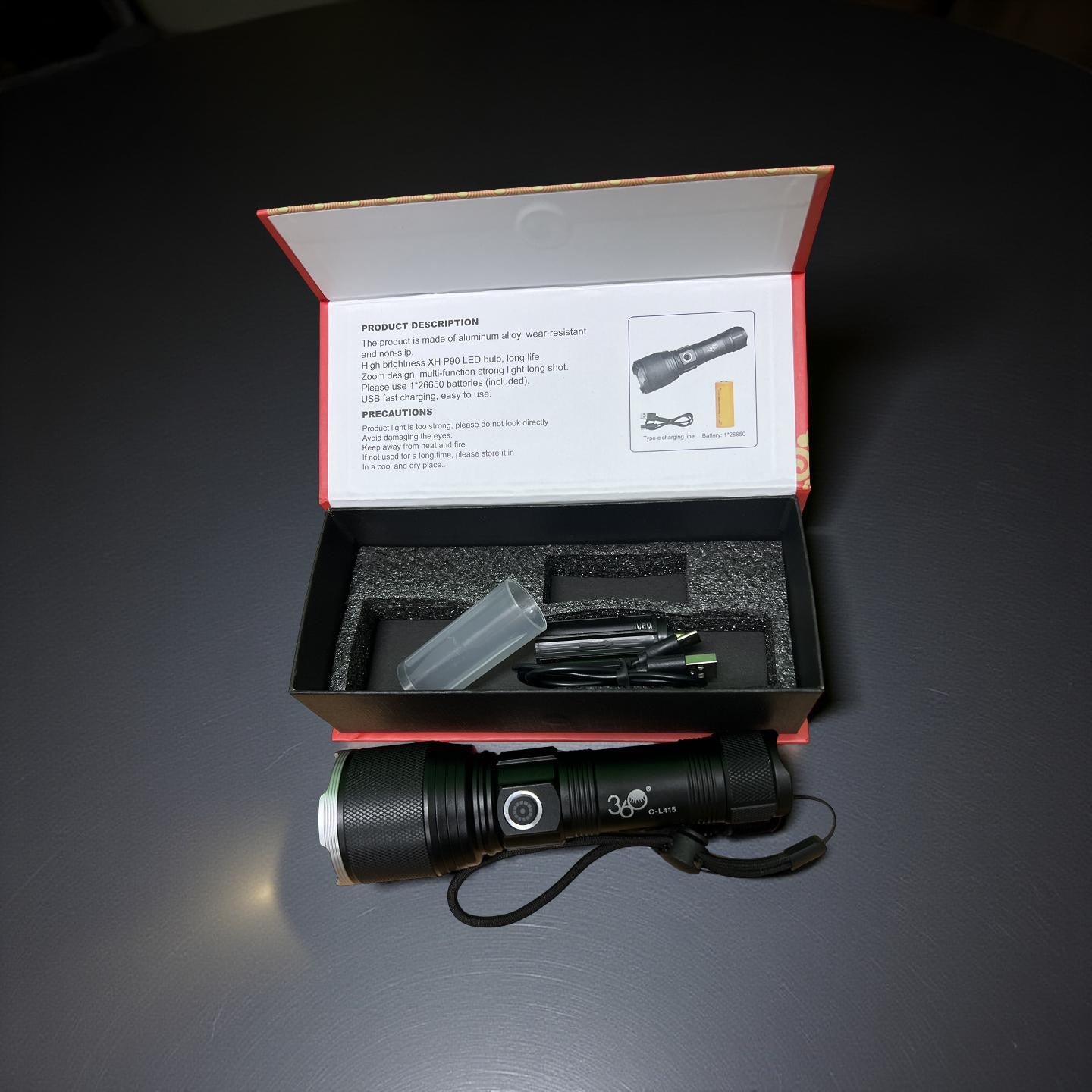 360 C-L415 USB LED Rechargeable Flashlight (P90) – 2 PCS Combo, Aluminium Alloy Body, Super Bright 8000 Lumens, 1-Year Warranty