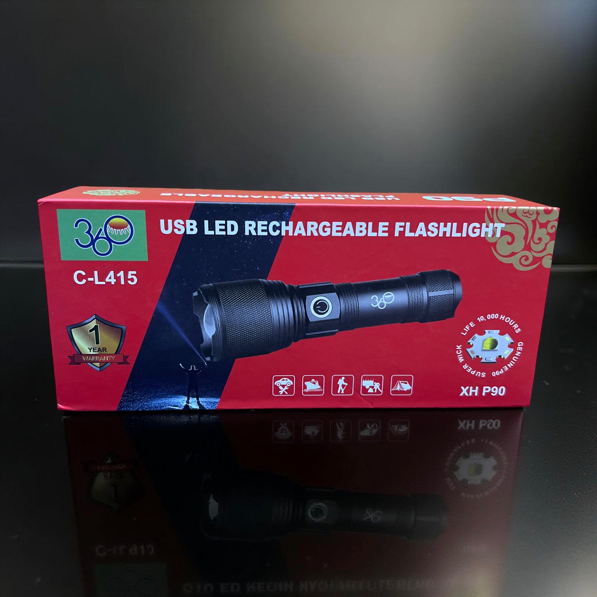 360 C-L415 USB LED Rechargeable Flashlight (P90) – 2 PCS Combo, Aluminium Alloy Body, Super Bright 8000 Lumens, 1-Year Warranty