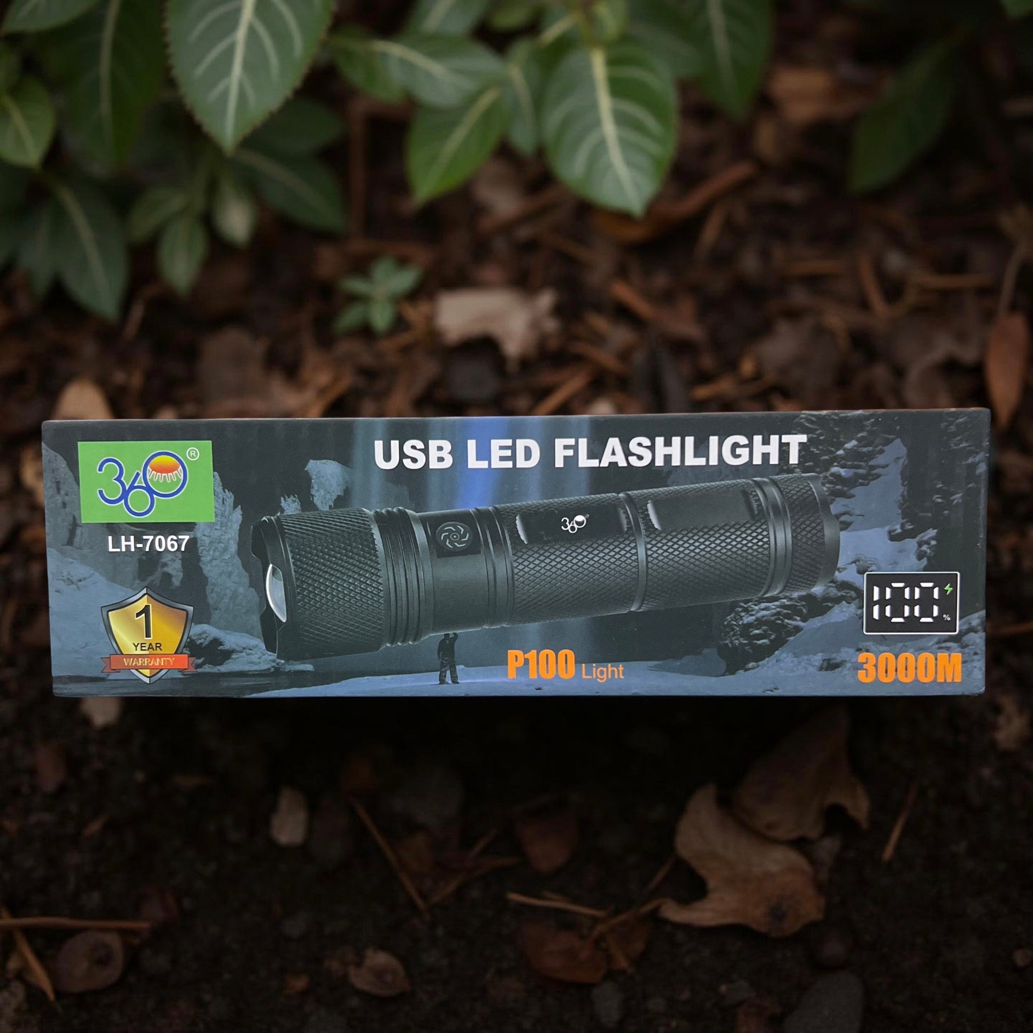 USB LED Flashlight P100 Light – 3000M Long Range, Rechargeable Torch with Digital Display – 2 Pieces Combo, 1-Year Warranty, Free Delivery UAE