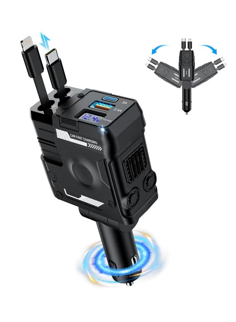 OALE 4-in-1 Retractable Car Charger – Dual Retractable Cables + Dual USB / USB-C PD Ports with LED Voltage Display | Fast Charging Adapter | Free Delivery UAE
