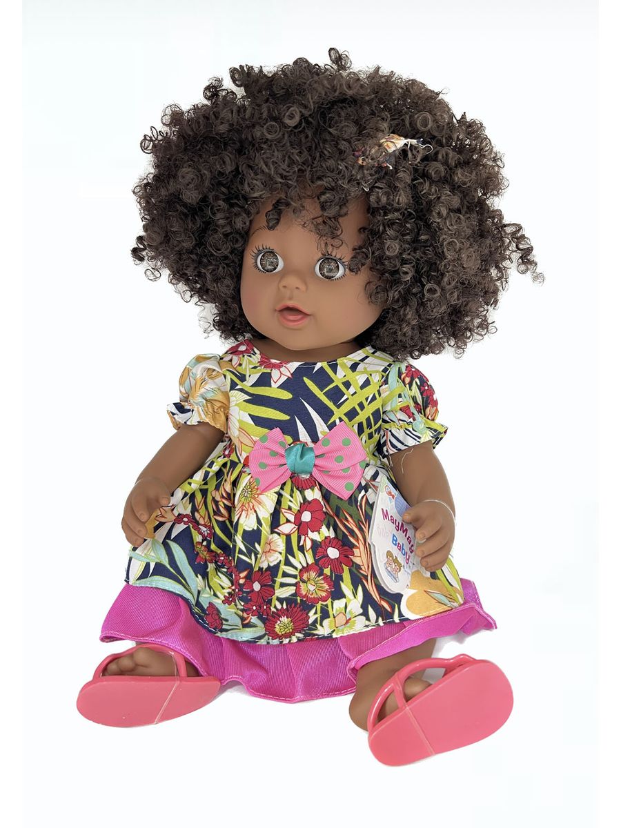 May May Baby Doll – African American Design, Soft Silicone Body with Curly Hair, Floral Romper & Headband